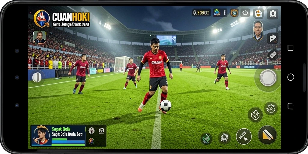 Screenshot gameplay CUANHOKI menampilkan aksi seru di lapangan sepak bola.