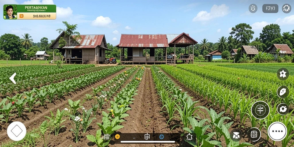 Tangkapan layar gameplay F7F7 menampilkan ladang yang rimbun dengan berbagai tanaman.