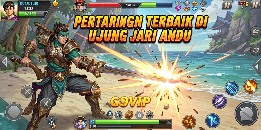 Gameplay G9VIP menampilkan pertarungan seru dengan berbagai karakter menarik.