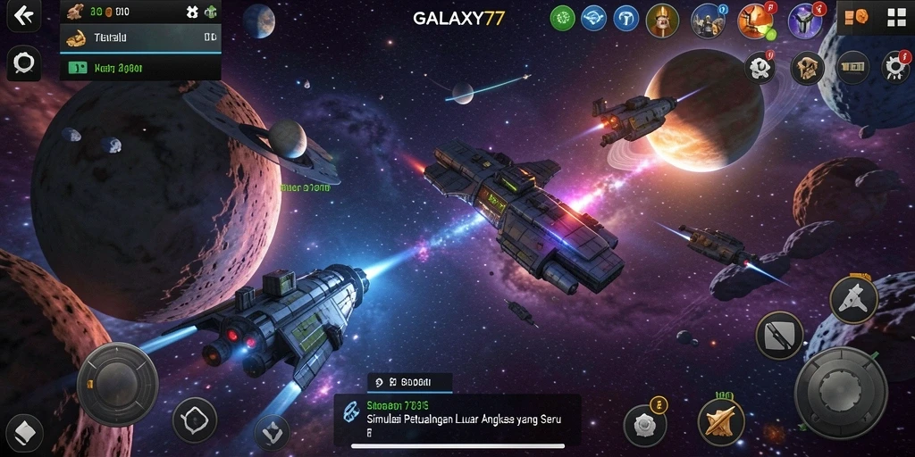 Screenshot GALAXY77 menampilkan aksi luar angkasa yang mendebarkan.