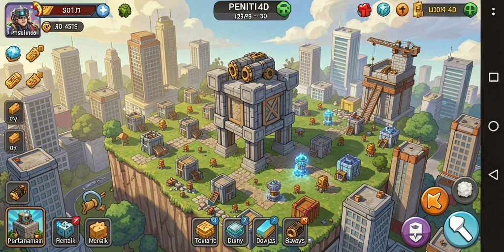 Tampilan gameplay <strong>PENITI4D</strong> yang mendebarkan dengan menara pertahanan yang strategis.