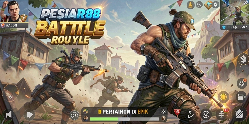 Screenshot menampilkan aksi mendebarkan dalam PESIAR88 di medan tempur Battle Royale.