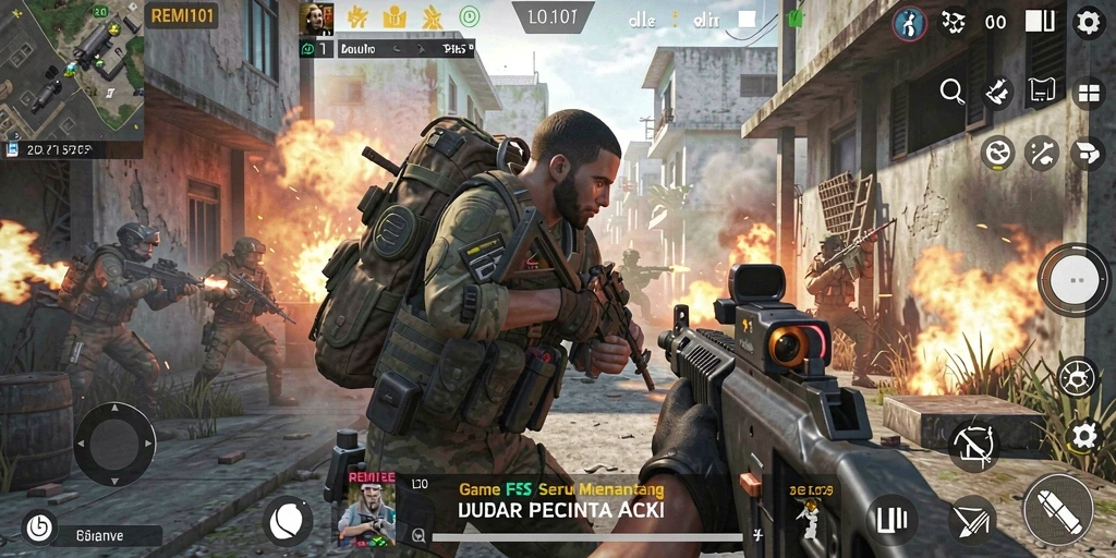 Tampilan gameplay mendebarkan di REMI101 dengan aksi tembak-menembak.