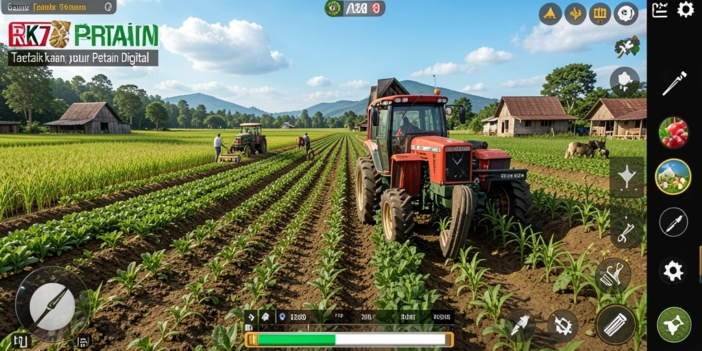Screenshot RK77 menampilkan pemain merawat ladang dan hewan ternak.