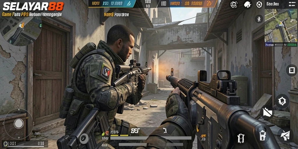 Tampilan gameplay menegangkan SELAYAR88 dengan aksi tembak-menembak.
