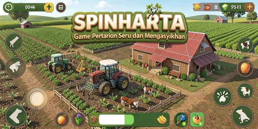 Gameplay seru dari SPINHARTA menunjukkan aktivitas bertani dan berkebun.